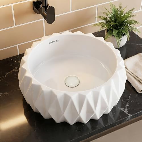 Image of Plantex Ceramic Tabletop Round Washbasin for Bathroom /Countertop Bathroom Sink /Bathroom Wash Basin with 10 Years Glaze Warranty by Plantex (White - 15 x 15 x 6 Inch)