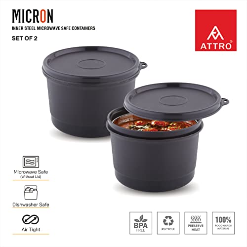 Image of ATTRO Set of 4 Micron Stainless Steel Double Wall Storage Containers Airtight & Leak Proof Containers for Office Use, School, Picnic, 550ml -Black