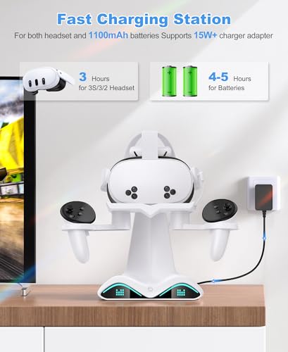 Image of DXKK Charging Dock for Meta Quest 3 /3S /2, 15W+ Fast Charger with 4 Pack Rechargeable Batteries, 7 LED Light Modes, USB-C Charging Station for Oculus Accessories | Rechargeable Batteries