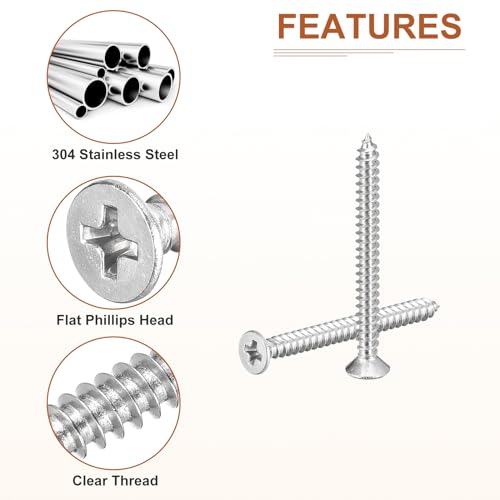 Image of DTGN 100Pcs 4 inch x1-1 /4 Flat Head Wood Screws, Self Tapping Screws Silver