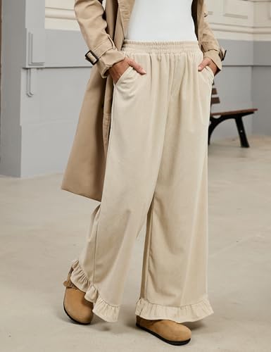 Omoone Womens Corduroy Pants Wide Leg Ruffled Hem Elastic Waist Lounge Cord Pants with Pockets3