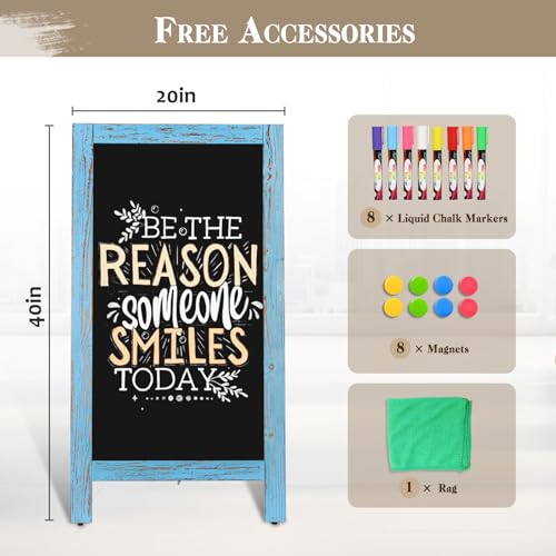 Image of Double-Sided Magnetic 40 inch x 20 inch Blue Chalk Board Sign Board | Wooden A-Frame Sign, Sandwich Board Signs Outdoor, Chalkboard Easel, Menu Board for Restaurant, Business or Wedding