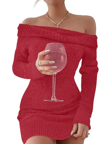 Caracilia Women's Off The Shoulder Sweater Mini Dress Long Sleeve Fuzzy Fleece Bodycon Cocktail Party 2025 Fall Short Dresses Small Red