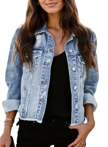 Kedera Womens Denim Jacket Distressed Frayed Ripped Jean Jacket Casual Button Down Light Jackets with Pockets
