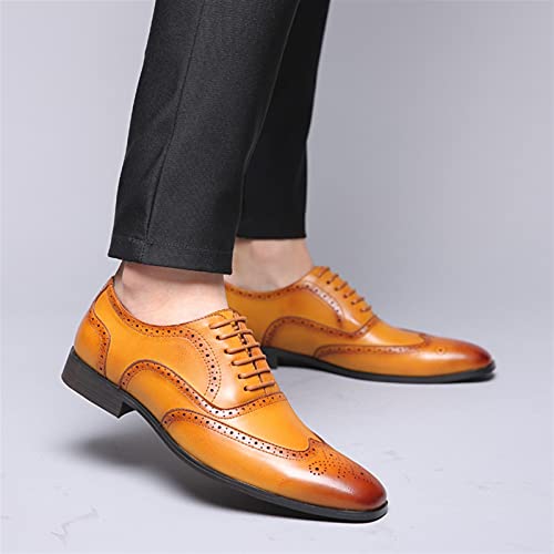 Dress Oxford for Men Lace Up Brogue Embossed Wing tip Burnished Toe PU Leather Rubber Sole Resistant Non Slip Block Heel Business(Yellow,10 M US)2