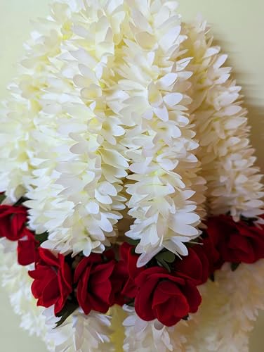 Image of Veni Gajra Hair Bun Artificial mogra Jasmine With Gulab Juda Scrunchies For Women Pack 4 pieces (gulab-white)