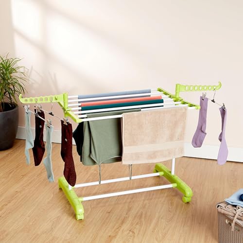 Amazon Brand - Solimo Premium Mild Steel Double Support Cloth Drying Rack | Foldable and Movable | Lightweight | White & Green