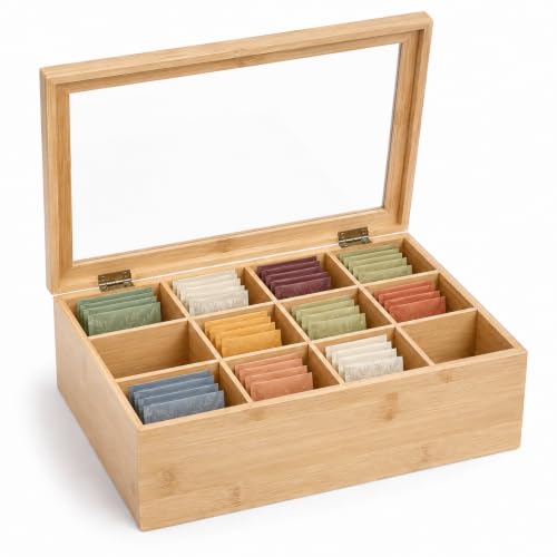 LDHHYH Bamboo Tea Box Organiser with 12 Adjustable Compartments Wooden Tea Bag Storage Box with Clear Acrylic Lid Tea Bag Holder for Kitchen Countertop Office and Tea Station