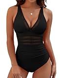 BMJL Women‘s Tummy Control Swimsuit Mesh Sexy One Piece Bathing Suits Slimming V-Neck Swimwear(Black,M)
