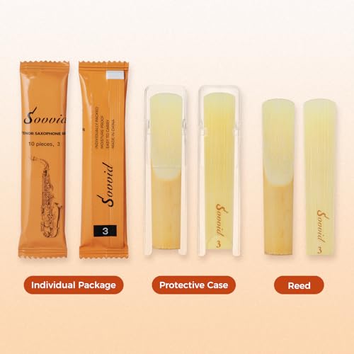 Sovvid Handcrafted Tenor Saxophone Reeds 3.0 – Premium Natural Cane, Warm & Rich Tone, Durable & Consistent, Thinner Tip for Easy Play, Individually Packed with Portable Reed Case (Box of 10)