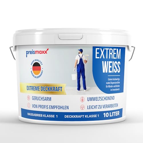 Preismaxx Wandfarbe weiß 10l Extrem Weiss Innenfarbe sehr hohe Deckkraft Klasse 1 - Nassabriebklasse 1 matt Extrem deckend Ausbesserungsfarbe 10 L Preismaxx Wandfarbe weiß 10l Extrem Weiss Innenfarbe sehr hohe Deckkraft Klasse 1 - Nassabriebklasse 1 matt Extrem deckend Ausbesserungsfarbe 10 L