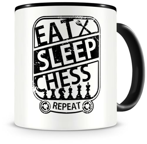 Samunshi® Taza de ajedrez con texto 'Eat sleep chess repeat', regalo para jugadores de ajedrez, taza de café grande divertida para cumpleaños, color negro, 300 ml