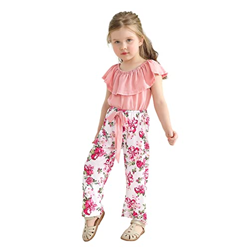 Happyma Girls Off Shoulder Romper Toddler Kids Floral Splicing Jumpsuit Little Girl Summer Pants Hawaii Beach Clothes Outfit （Pink & Floral, 6-7 Years） #TOP13