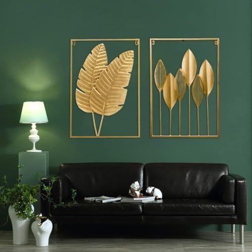 Image of Framing Hub - Gold Metal Wall Decor Set of 2 Leaf Wall Hanging Home Decor with Frame, Metal Wall Art Decor Wall Sculptures for Living Room, Bedroom, Office, Hotel (Size 15 inch X 22 inch)
