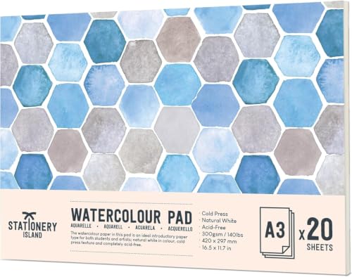 STATIONERY ISLAND Watercolour Paper A3 Pad 300gsm - Natural White 20 Sheets Glue Bound Cold-Pressed Texture Watercolour Sketchbook for Painting Drawing and Mixed Media