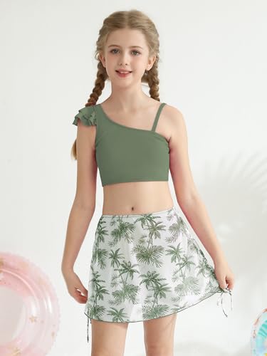 Girls Swimsuits 3 Pcs Bikini Set Ruffle Sleeve Solid Swimwear Tropical Cover Up Skirt Kids Teen Bathing Suit 9-16 Years4