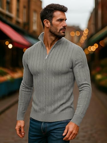 Image of TYSORT Men High Neck Zipper Full Sleeve Cable Knitted Winter Sweater,Cable Knit Sweater for Men