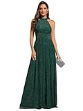 Ever-Pretty Women's Halter Neck Summer Formal Dresses Sleeveless Pletaed Floor Length Glitter Evening Dresses Dark Green US08