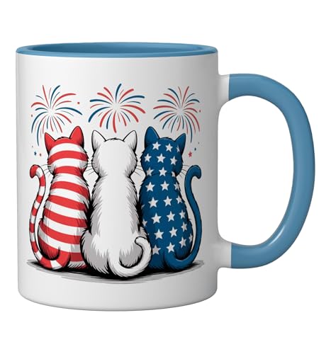 Taza cerámica patriótica con diseño gato USA azul/blanco miniatura 2
