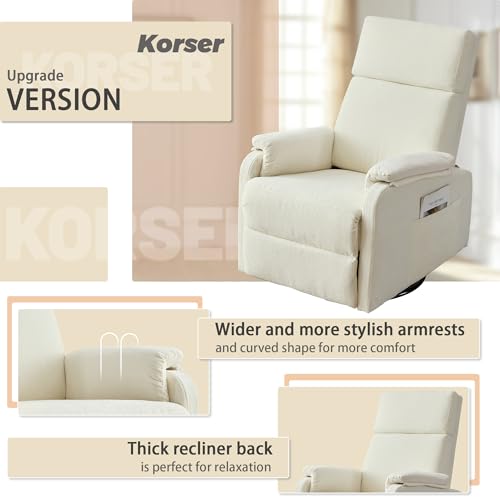 Korser Recliner Chairs, Swivel Rocking Recliner Chair for Adults, Glider Rocking Chair, Small Nursery Recliner for Living Room, Reclining with Modern-Designed Armrests, Chenille, Beige