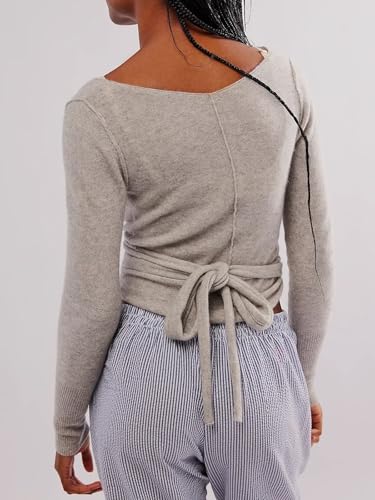 Women's Pullover Ribbed Cropped Crochet Cardigan Drawstring Ruched Solid V-Neck Long Sleeve Tops for Beach Grey, Medium4