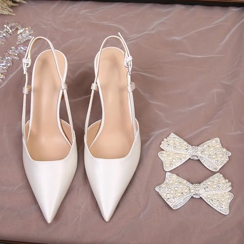 Cozivwaiy Women Slingback Pumps Wedding Heels White Closed Pointed Toe Heeled Sandals Pearl Stiletto Pumps Elegant Heels Detachable Bow3