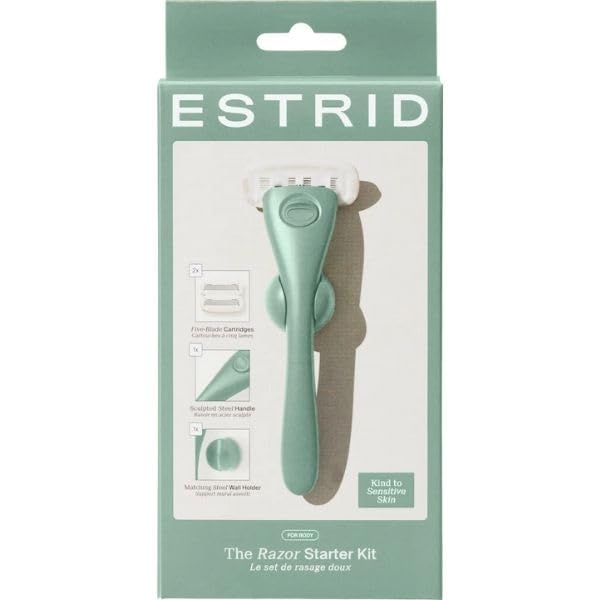 Estrid Rasierer Starterset, Damenrasierer Set mit 5-Klingen System, Veganer Feuchtigkeitsstreifen, 2 Ersatzkleingen, Wandhalterung (Jade)