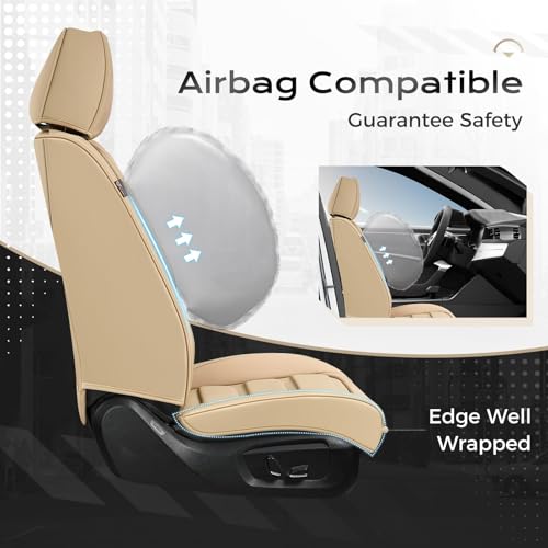 Image of Coverado Car Seat Covers Full Set, Seat Covers for Cars, Front Seat Covers and Back Seat Cover Waterproof Leather Automotive Seat Cover, Universal Car Interior Protectors Cushion for Most Cars Beige