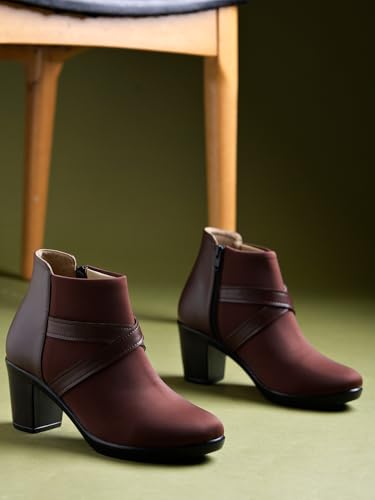 Image of Shoetopia Women's Ankle Boots with Block Heel and Cross Strap Design - Stylish Comfortable Casual & Party Footwear