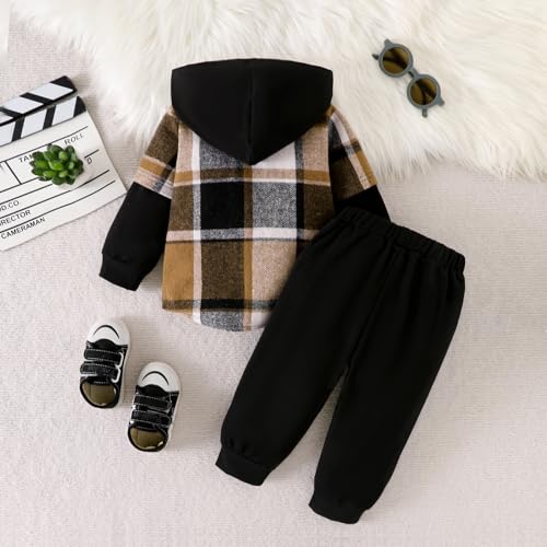Toddler Baby Boys Clothes 2Pcs Fall Winter Outfits Sweatsuit Button Flannel Plaid Shirt Hoodie Ripped Pants 12M-5T3