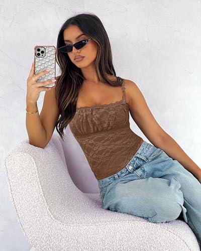 Saslax Women's Sexy Square Neck Lace Sleeveless Bodysuit Tank Tops Double Lined Body Suit Thong Outfits