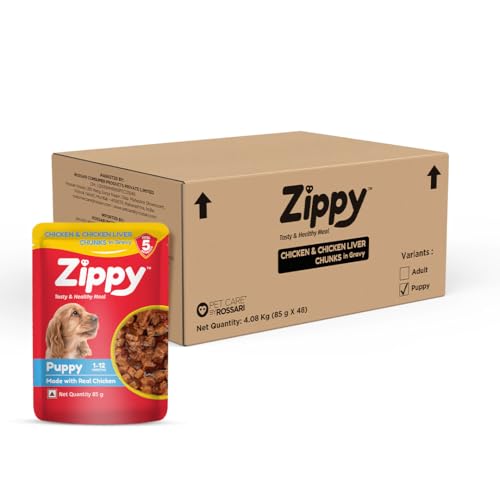 Image of ZIPPY 1-12 Month Puppy Dog Food 4080g, Pack of 48 (85g Each Pack) Chicken & Liver Chunks in Gravy of Real Chicken | Gravy Meal Helps Strengthen Dog's Immune System | Maintaining Strong Bones & Teeth