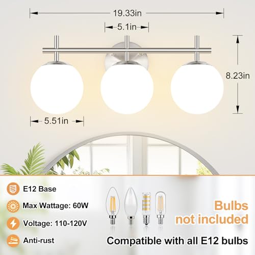 Image of 3-Light Bathroom Light Fixtures with Milky White Glass, Brushed Nickel