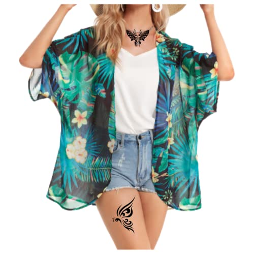 Women's Floral Print Puff Sleeve Kimono Cardigans Chiffon Casual Loose Open Front Cover Tops Cardigan Blouse3