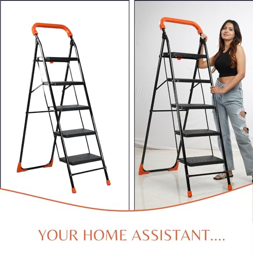 Image of BRANCO Heavy Duty Folding Ladder with Wide Steps | Lifestyle 5 Steps Foldable Ladder | Slip-Resistant | High Strength Long Durable for Home, Kitchen | (Black & Orange)