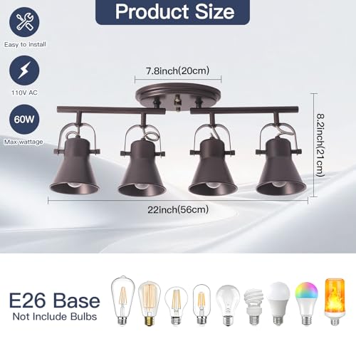 Image of 4-Light Brown Track Lighting Fixtures Ceiling, Directional Ceiling Spotlight with 4 Rotatable Heads, Modern Industrial Flush Mount Ceiling Light for Kitchen Island, Dining Room, Hallway