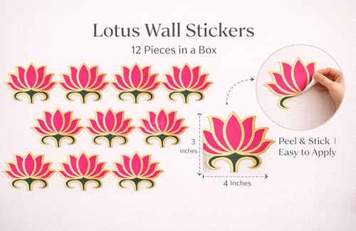 Image of Divyakosh Pink Lotus Wall Stickers for Wall Decor (12 Pieces, 3x3.5 Inch) | Puja Backdrop Decoration, Mandap, Temple Decor | Peel & Stick Lotus Stickers for Home & Festive