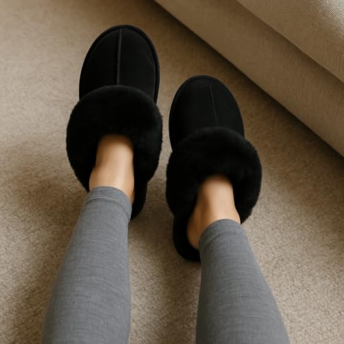 Project Cloud Genuine Leather Slippers for Women Footwear with Real Sheep Wool Lining Womens Clogs & Mule - Non-Slip Indoor/Outdoor Scuff Womens Slippers with Memory Foam Insole (Henka)