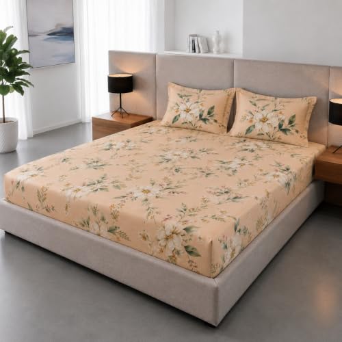Image of Cotton Feel Glace Cotton Double Bed Fitted Bedsheet Set || Includes 1 Elastic Bedsheet King Size & 2 Pillow Covers (78 x 72 Inches, Botanica)