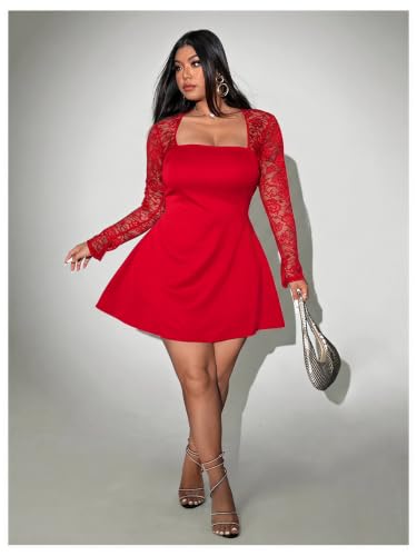 Image of Floerns Women's Plus Size Lace Sheer Long Sleeve Square Neck Mini Dresses | A Line, Curvy, Flare, Birthday, Night Out, Party, Wedding Guest, Formal, Mini Dress