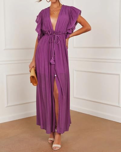 Image of R.Vivimos Maxi Dresses for Women 2026 Summer Short Sleeve V Neck Drawstring Tie Boho Loose Flowy Long Dresses with Pockets
