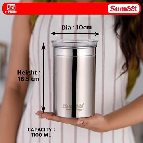 Image of Sumeet ISI Certified Stainless Steel Big Canisters /Dabba /Storage Containers for Kitchen with See Through Air Tight Lid - Set of 2 Pcs - 1100ml, 10cm Dia, Silver