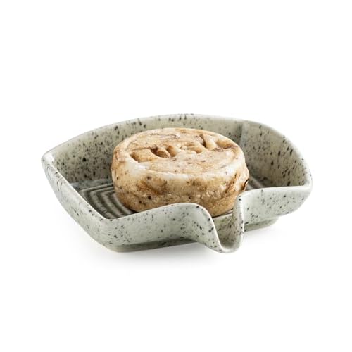 Self Draining Soap Dish, Ceramic Drain Soap Holder Waterfall Design Soap Saver for Shower, Bathroom, Sink, Kitchen and Countertop, Keeps Dry, Speckled Glaze Speckled Glaze Rectangular