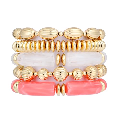 RISHEGAE Chunky Bangle Bracelets for Women Stackable Resin Bamboo Tube Bracelet Stretch Gold Beaded Bracelets Summer Beach Surfer Bracelets Gift Jewelry, 6.8, Resin, no_shape