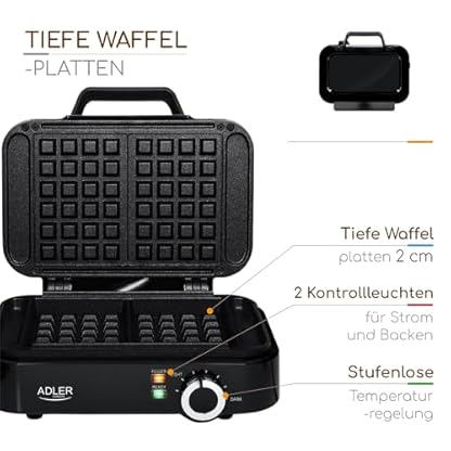 Adler Europe - Kleines Doppelwaffeleisen 2000W - Einstellbare Heizstufe - Zwei klassische Waffeln gleichzeitig - Antihaftbeschichtung - 2 Kontrolllampen - Tiefe Waffelplatten – Bild 5