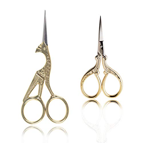 BIHRTC 2 Pairs 3.6'' Embroidery Scissors and 4.5'' Bird Scissors Sewing Scissors Stainless Steel Sharp for Sewing Crafting Art Work Threading Needlework DIY Tools Small Shears Gold Scissors