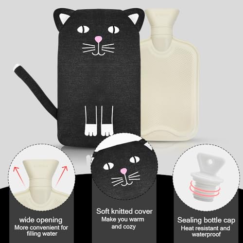 Wärmflasche mit Bezug Tier, Katze Mini Strick Wärmflasche Kinder 2 Liter, Wärmeflasche zur Schmerzlinderung, Bettflasche für Erwachsene, Hot Water Bottle Geschenk für Frauen Männer