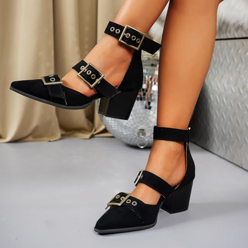 Womens Pointed Toe Chunky Heels with Metal Buckle, Ankle Strap Western Stacked Heel Sandals for Women Strappy Medium Thick Wedge Shoes2