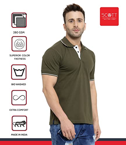 Image of Scott International Men's Organic Cotton Regular Fit Polo T-Shirt (Military Green with White, XL)
