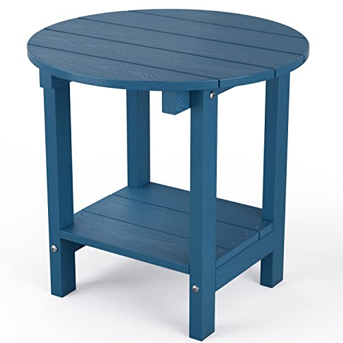 MXIMU Round Outdoor Side Table Adirondack Tables 18 Inch Chairside End Tables with Storage Shelf, 2-Tier Plastic Patio Side Table for Balcony Backyard Lawn (Navy, 1 Pack)